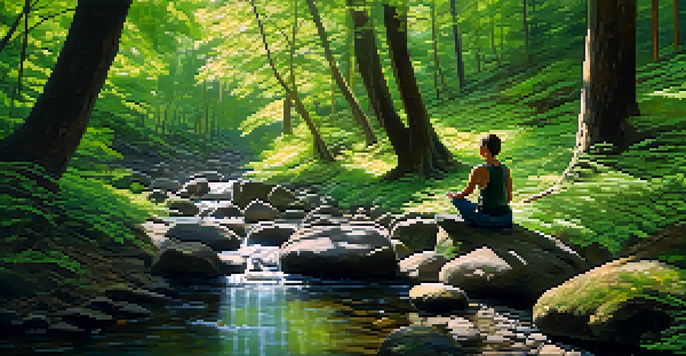 A person meditating in a lush green forest with sunlight filtering through the trees and a gentle stream flowing nearby.