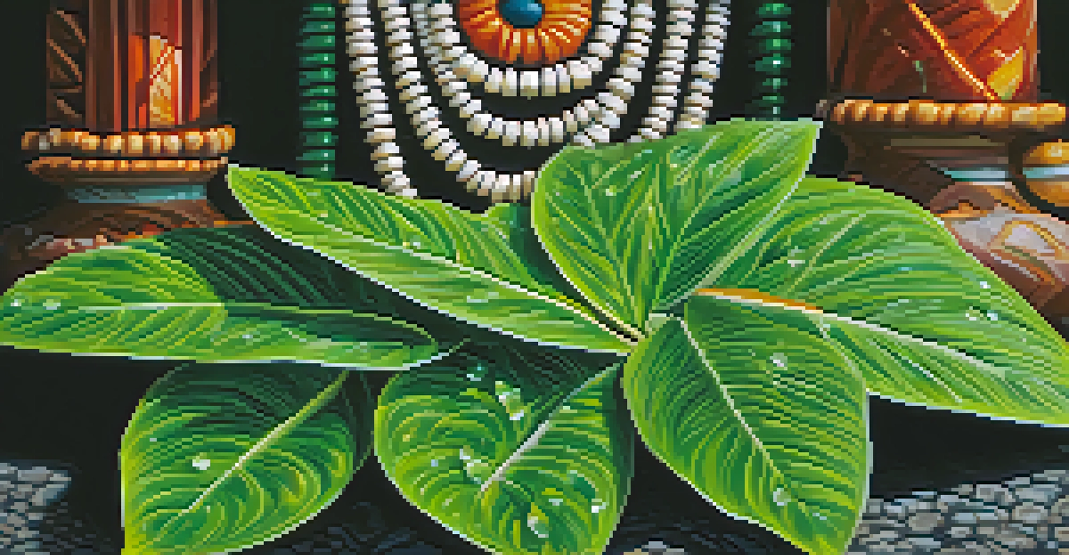 Close-up of pituri plant leaves with dew drops and an Aboriginal shaman in the background.