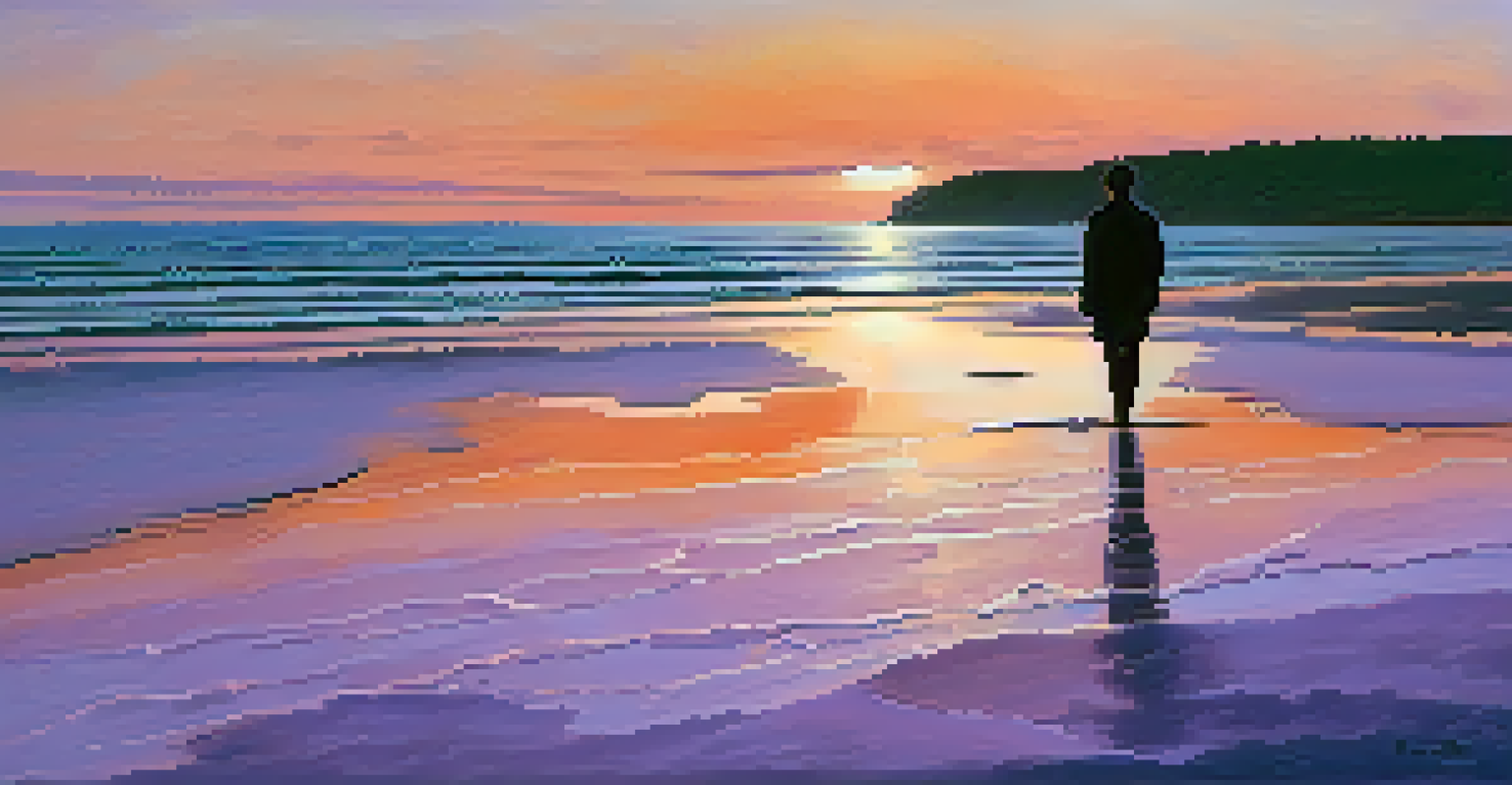A tranquil beach at sunset with colorful skies and a silhouette of a person by the water.