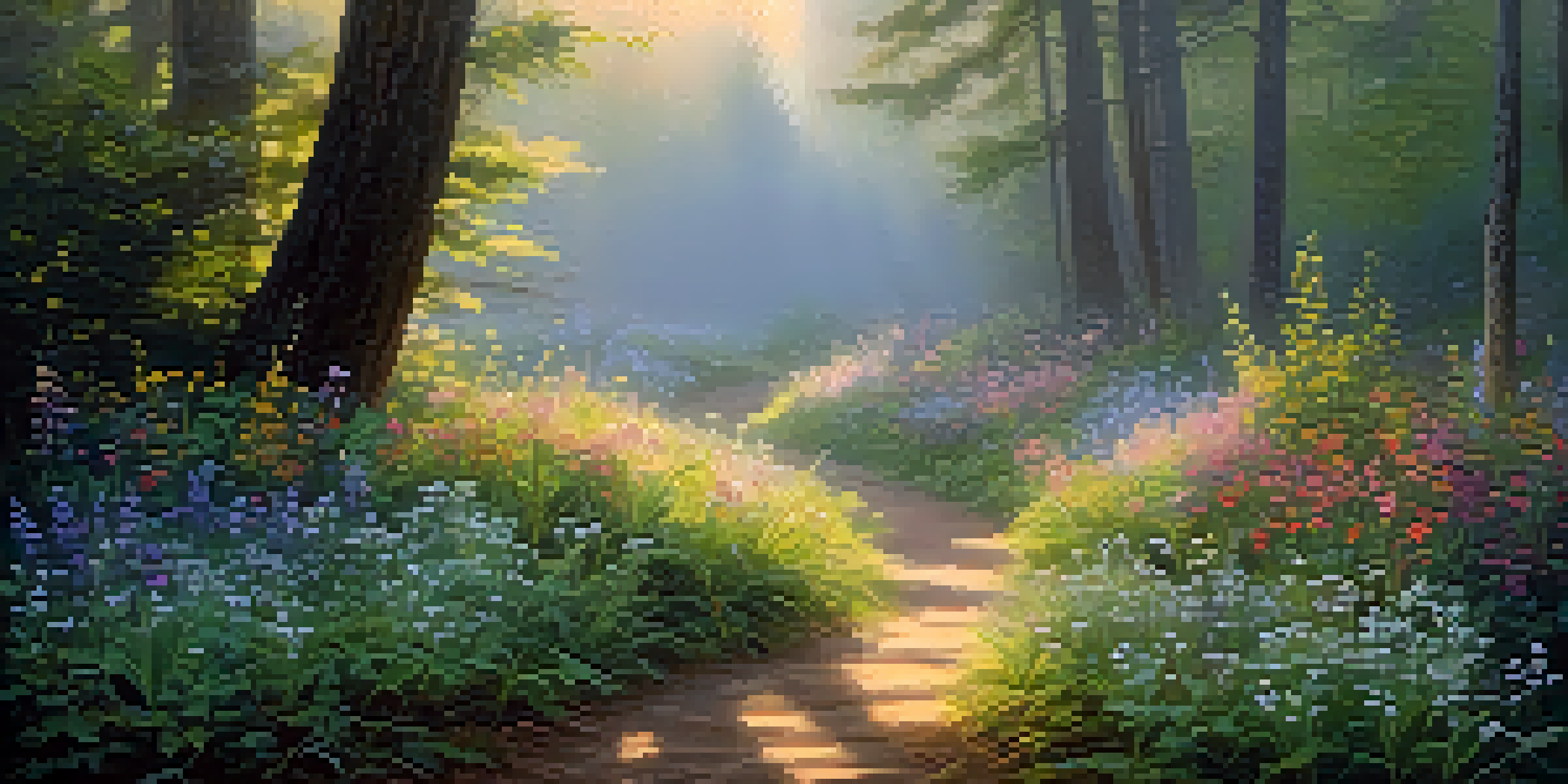 A serene forest at dawn, with sunlight filtering through leaves and vibrant wildflowers in bloom.