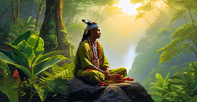 A shaman sitting cross-legged on a rock in a lush jungle, surrounded by vibrant plants and mist, with golden sunlight filtering through the trees.