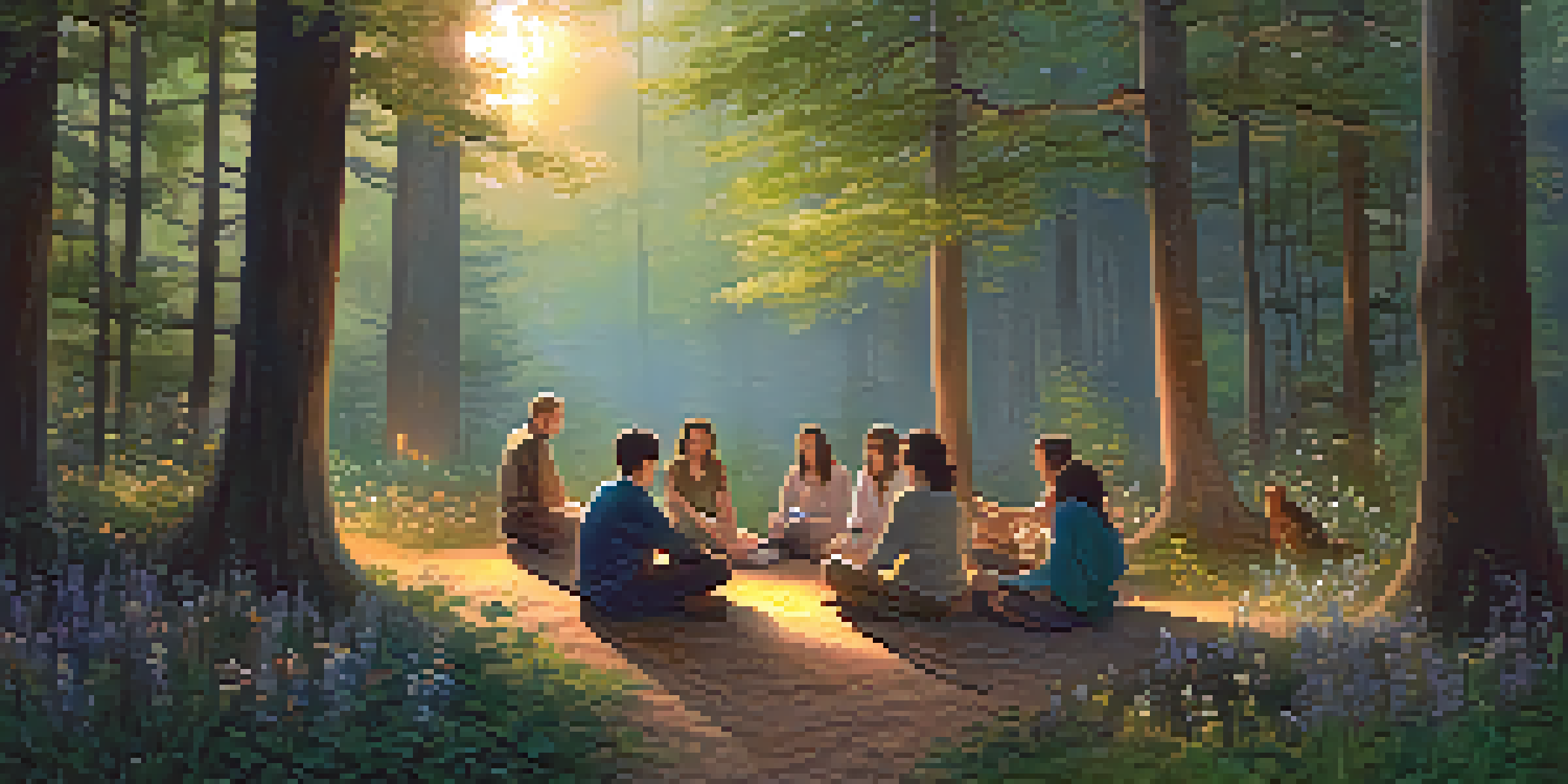A diverse group of people in a forest at twilight, communicating silently with warm light filtering through the trees.