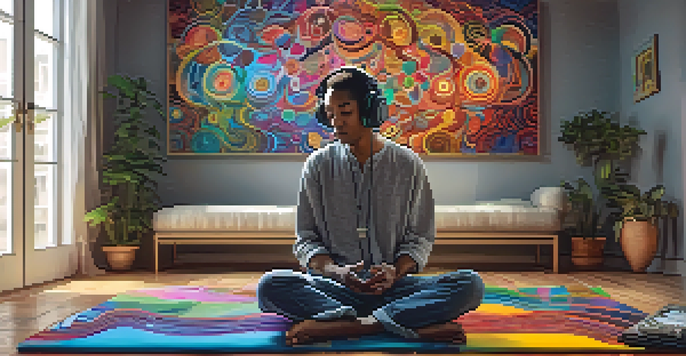 A person enjoying music with headphones, surrounded by colorful patterns and musical notes.