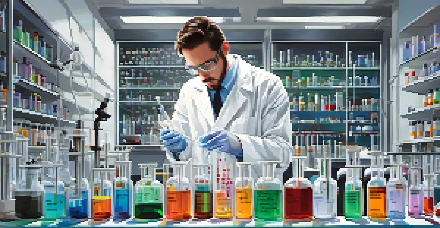 A modern laboratory with glass vials of synthetic entheogens, featuring a researcher examining a vial under a microscope amidst scientific posters and notes.
