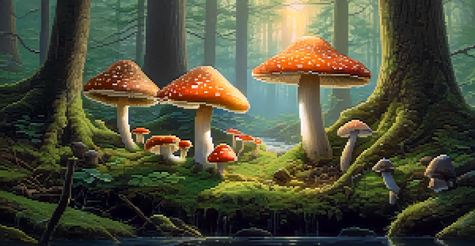 A peaceful forest at dawn with sunlight shining through leaves, showcasing colorful mushrooms in a mossy clearing.