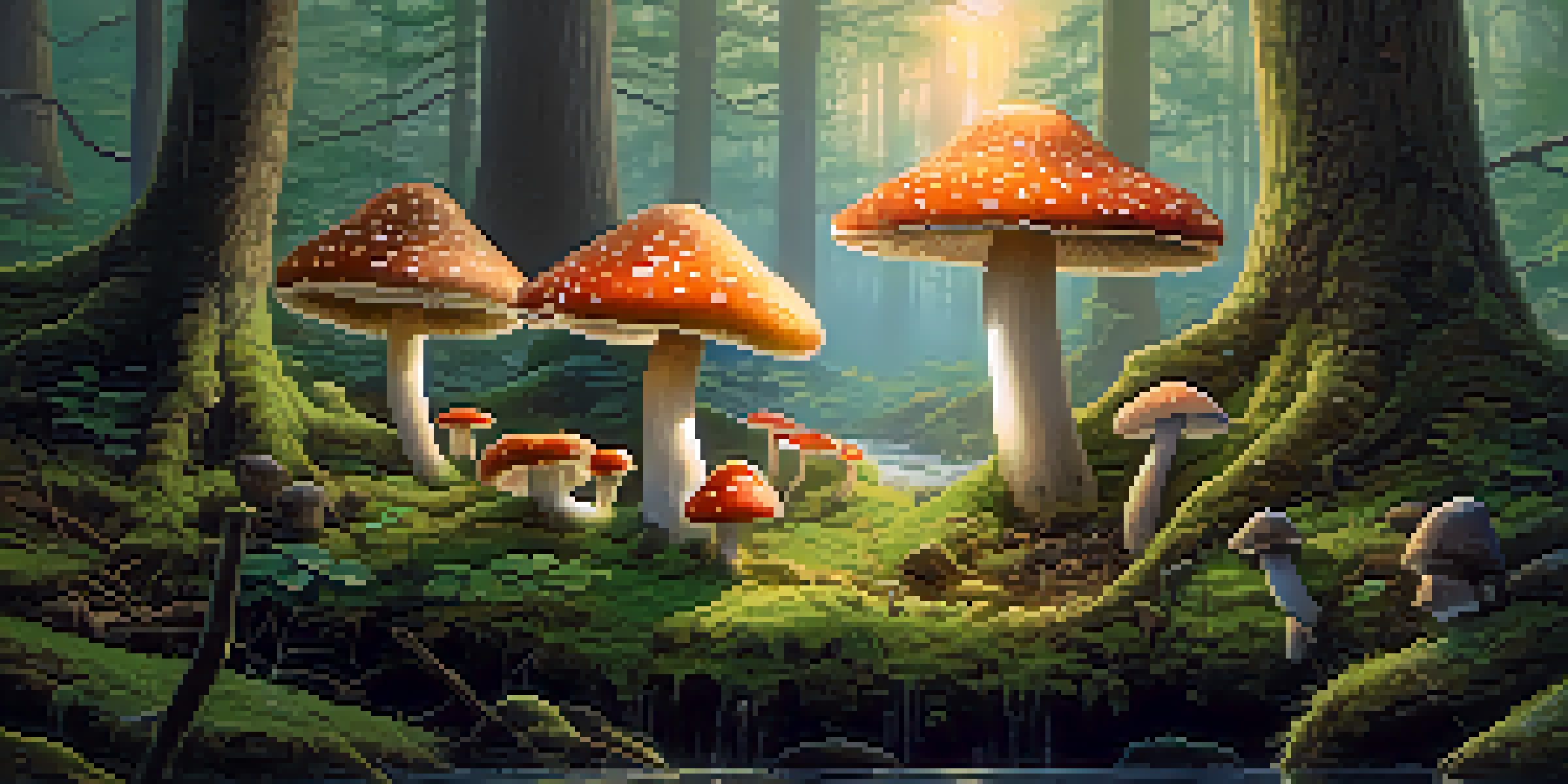 A peaceful forest at dawn with sunlight shining through leaves, showcasing colorful mushrooms in a mossy clearing.