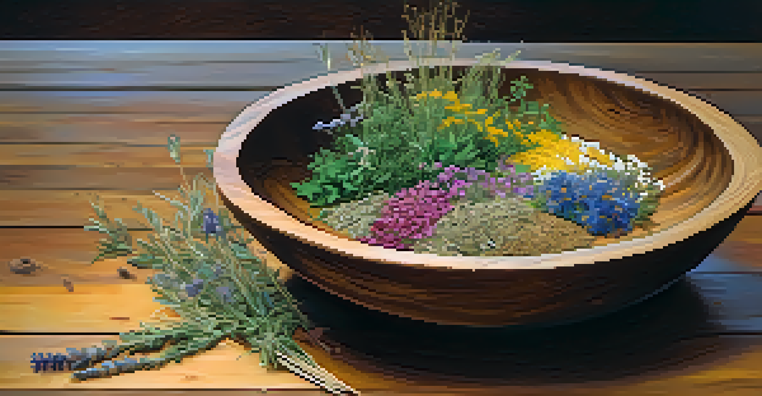A ceremonial bowl filled with colorful herbs and flowers on a rustic wooden table with warm lighting.