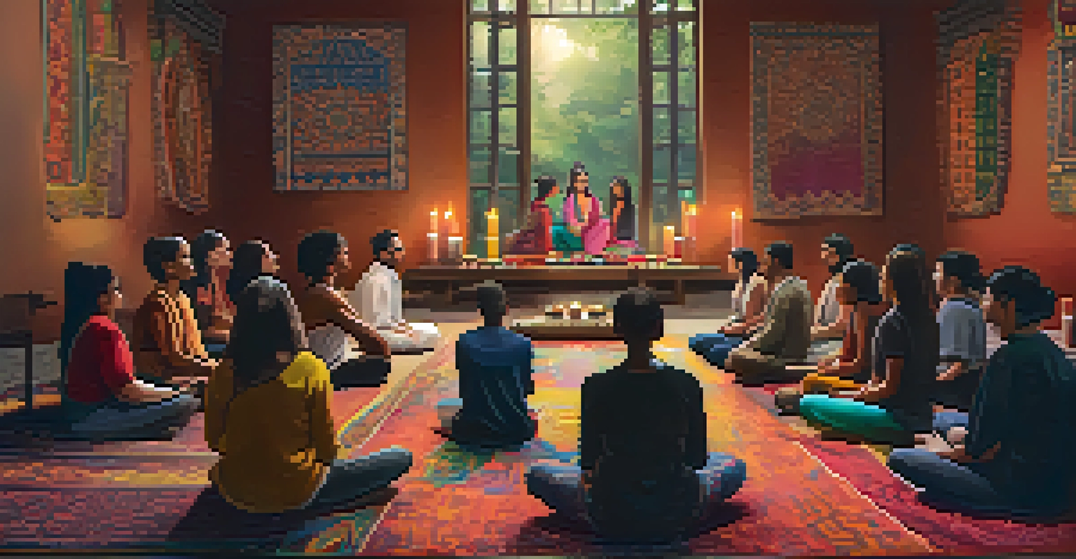 A communal space filled with diverse individuals sharing ideas, surrounded by colorful tapestries and artwork.