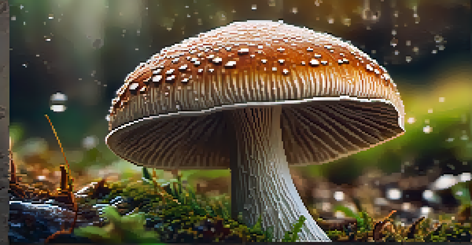 Detailed close-up of a psilocybin mushroom with dew drops, highlighting its textures and colors.