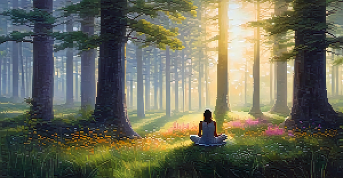 A person meditating in a serene forest at dawn, surrounded by wildflowers and mist.