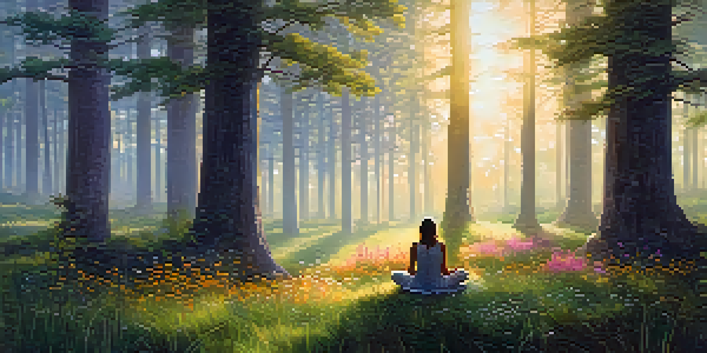 A person meditating in a serene forest at dawn, surrounded by wildflowers and mist.