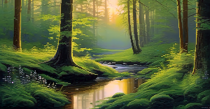 A peaceful forest at dawn with sunlight streaming through trees, moss-covered ground, and a flowing stream.