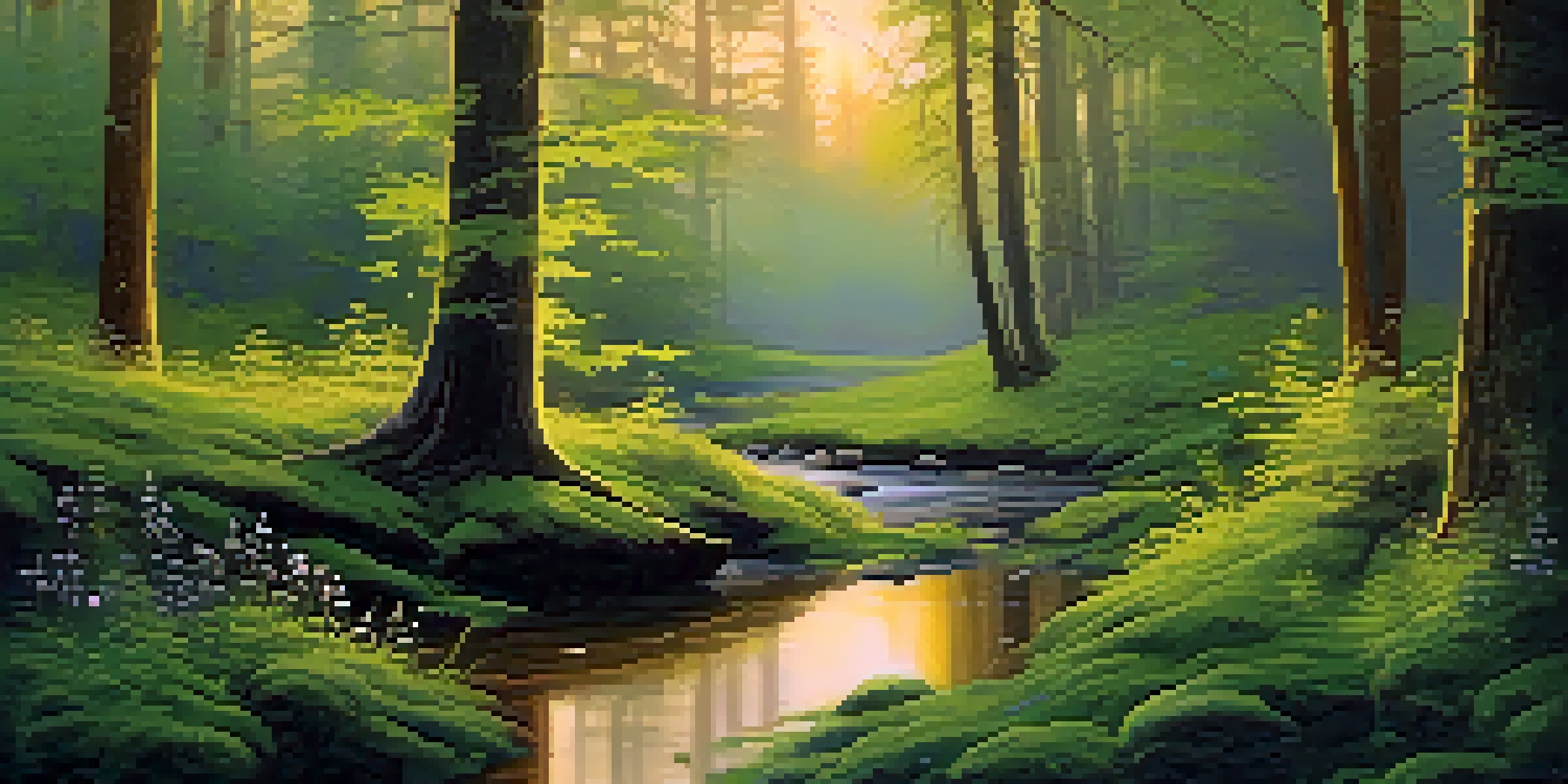 A peaceful forest at dawn with sunlight streaming through trees, moss-covered ground, and a flowing stream.