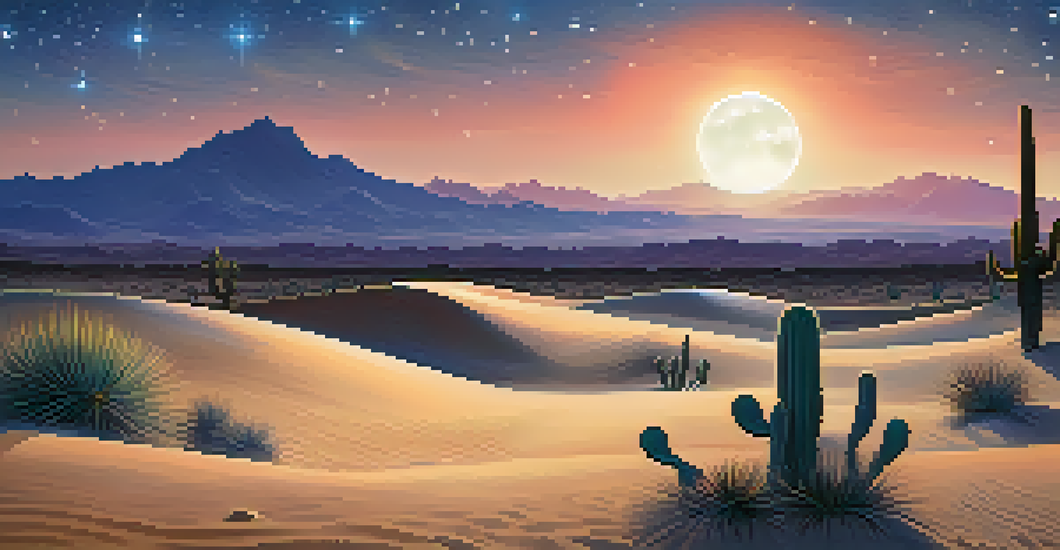 A starry desert night with the Milky Way and silhouettes of cacti and mountains.