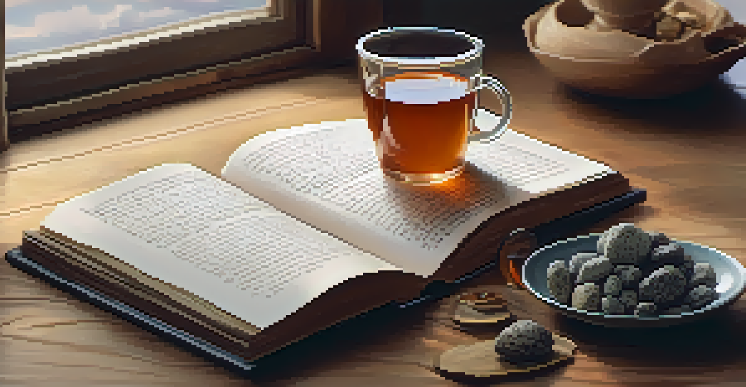 Close-up of two hands holding each other on a table, with a journal and tea nearby, illuminated by soft light.