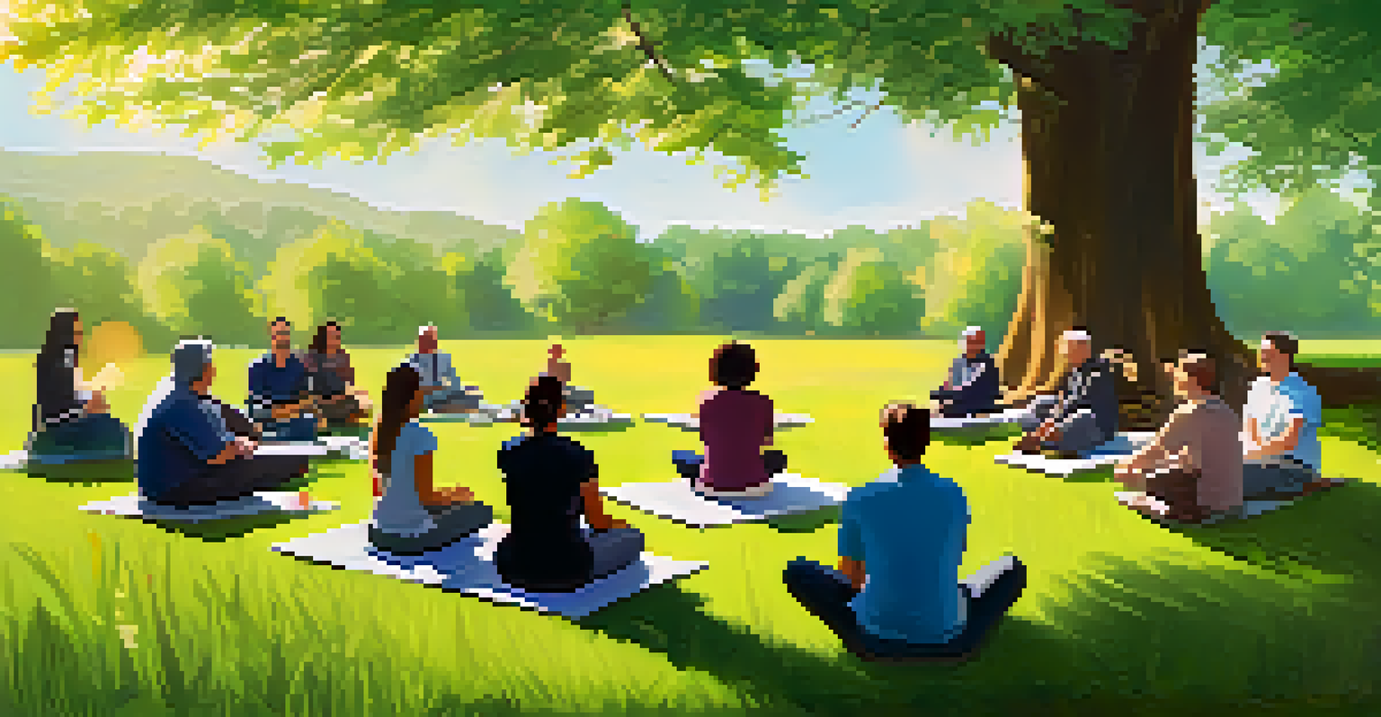 An outdoor workshop on mental wellness with participants sitting in a circle on grass, surrounded by nature.