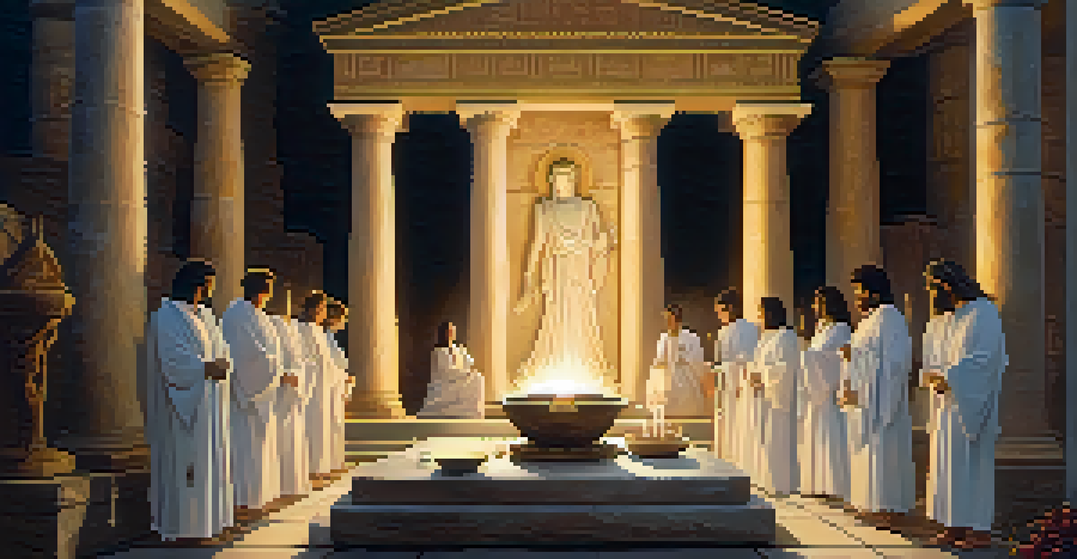 Participants in white robes performing a ritual in an ancient Greek temple, surrounded by candles and sacred artifacts.