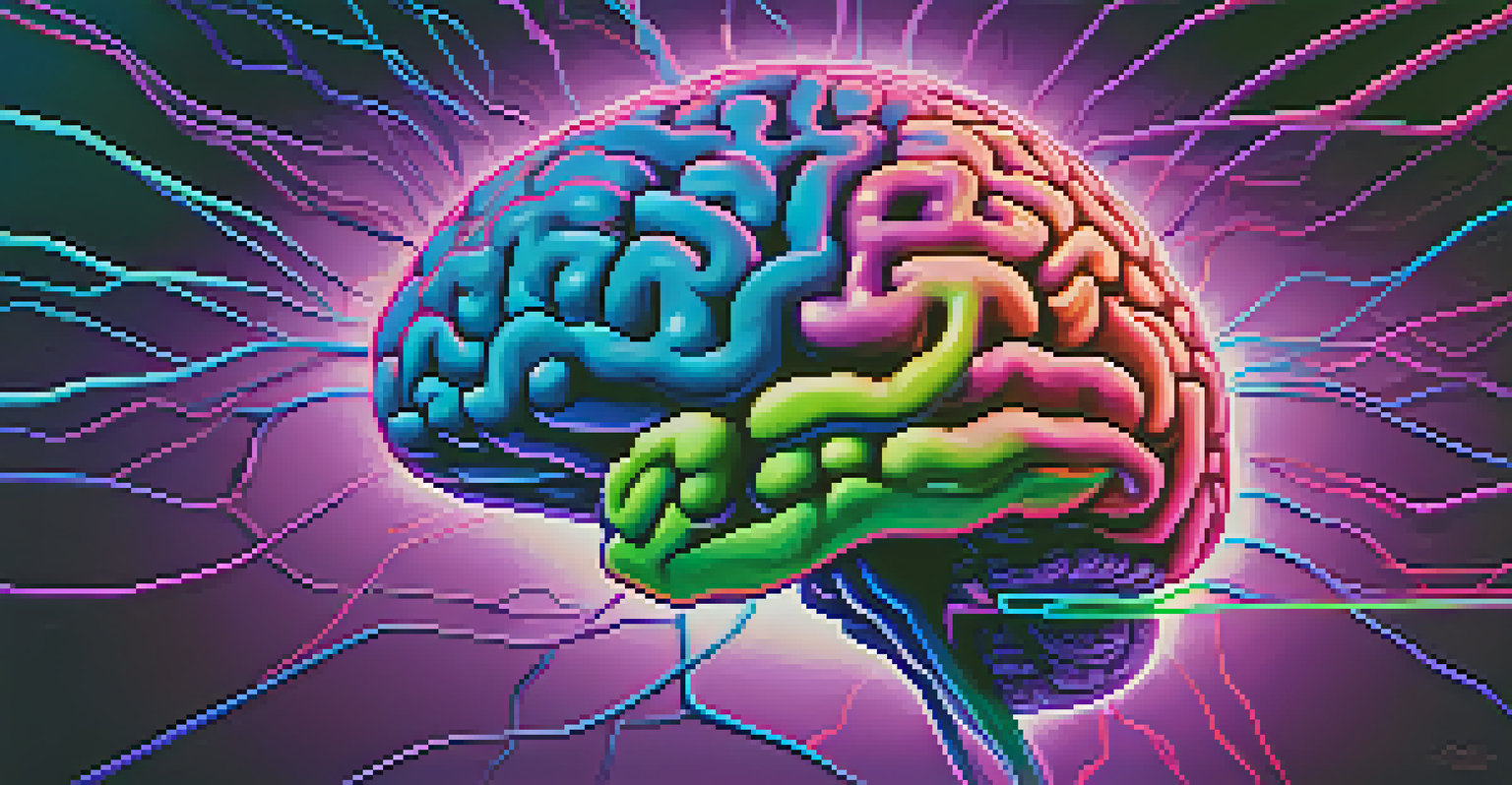 A colorful artistic representation of a brain with illuminated neural pathways on a vibrant gradient background.