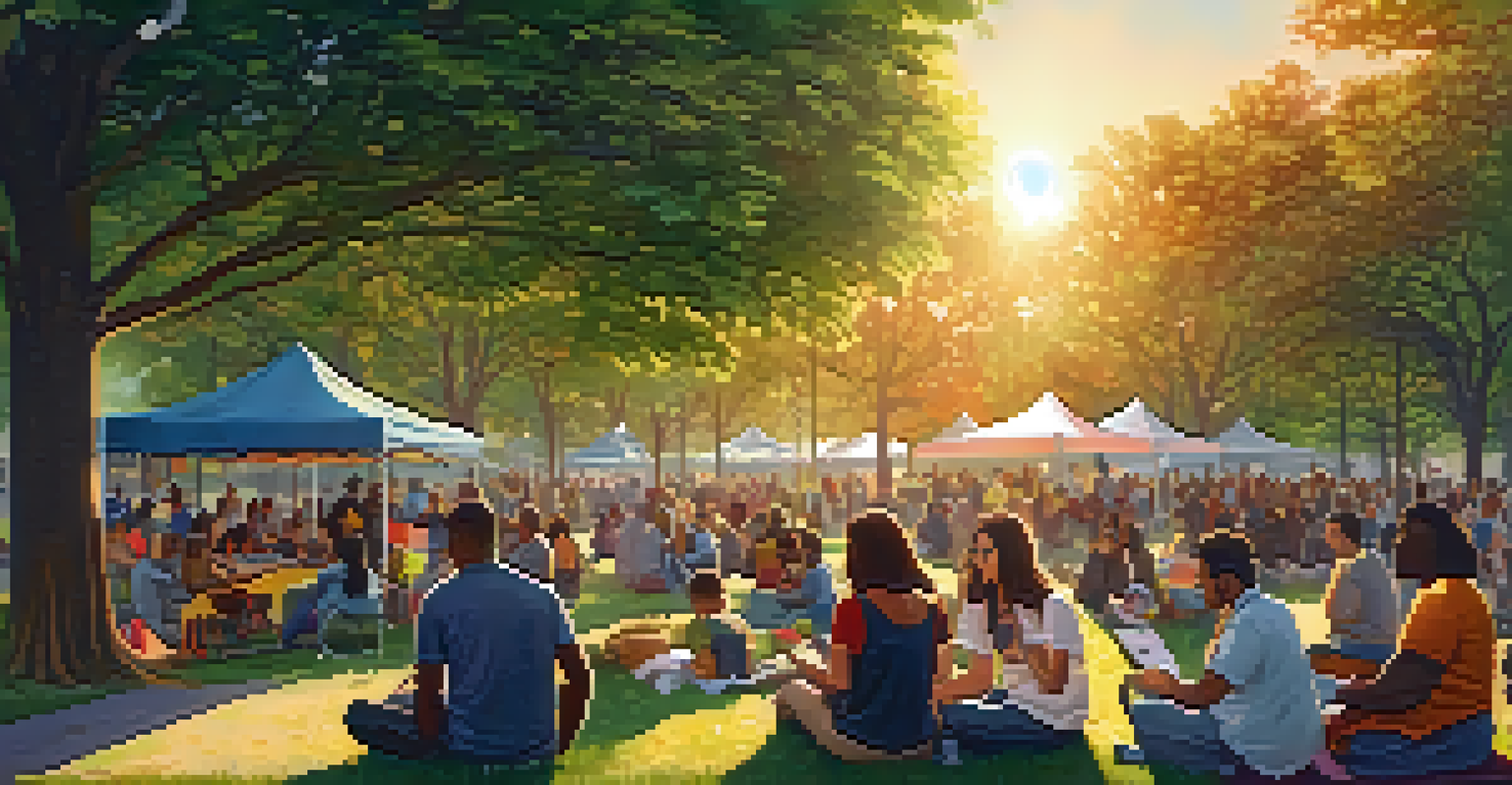 A diverse group of people gathered in a park discussing mental health awareness, with greenery and colorful banners in a sunset setting.
