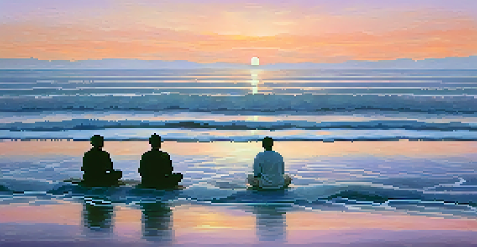 A peaceful ocean landscape at sunrise with silhouetted figures meditating on the shore.