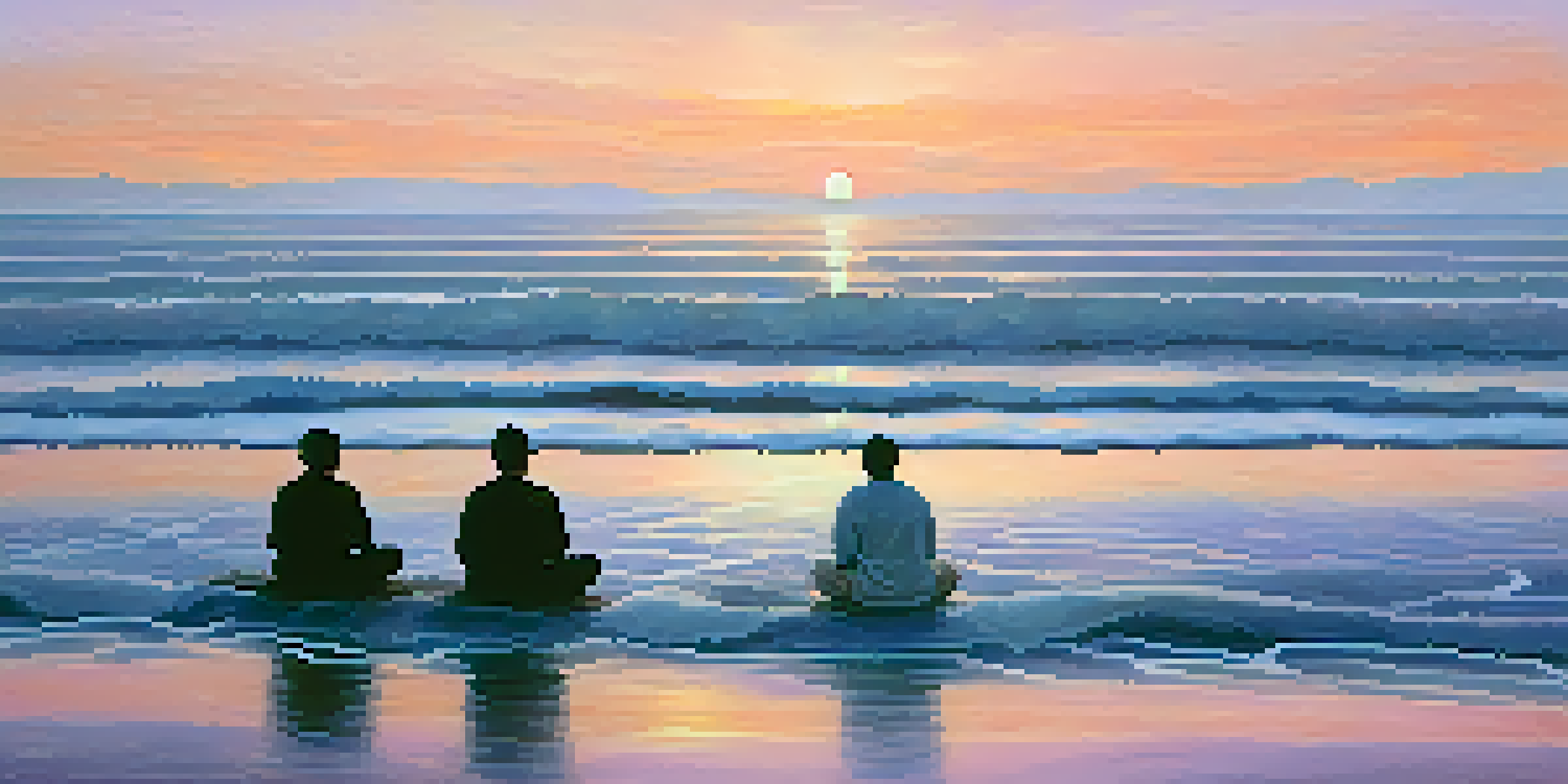 A peaceful ocean landscape at sunrise with silhouetted figures meditating on the shore.