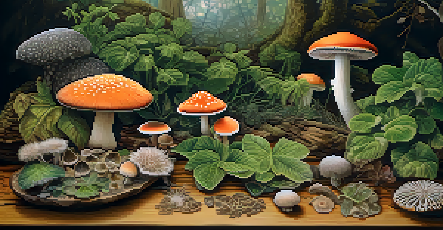 A close-up of entheogenic plants and fungi arranged on a wooden table, with soft lighting and tribal patterns in the background.