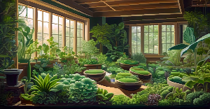 An indoor garden filled with various entheogenic plants, illuminated by natural light, showcasing vibrant green leaves and textured soil.