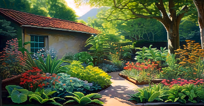 A tranquil garden filled with colorful entheogenic plants at various growth stages, illuminated by sunlight filtering through the foliage.