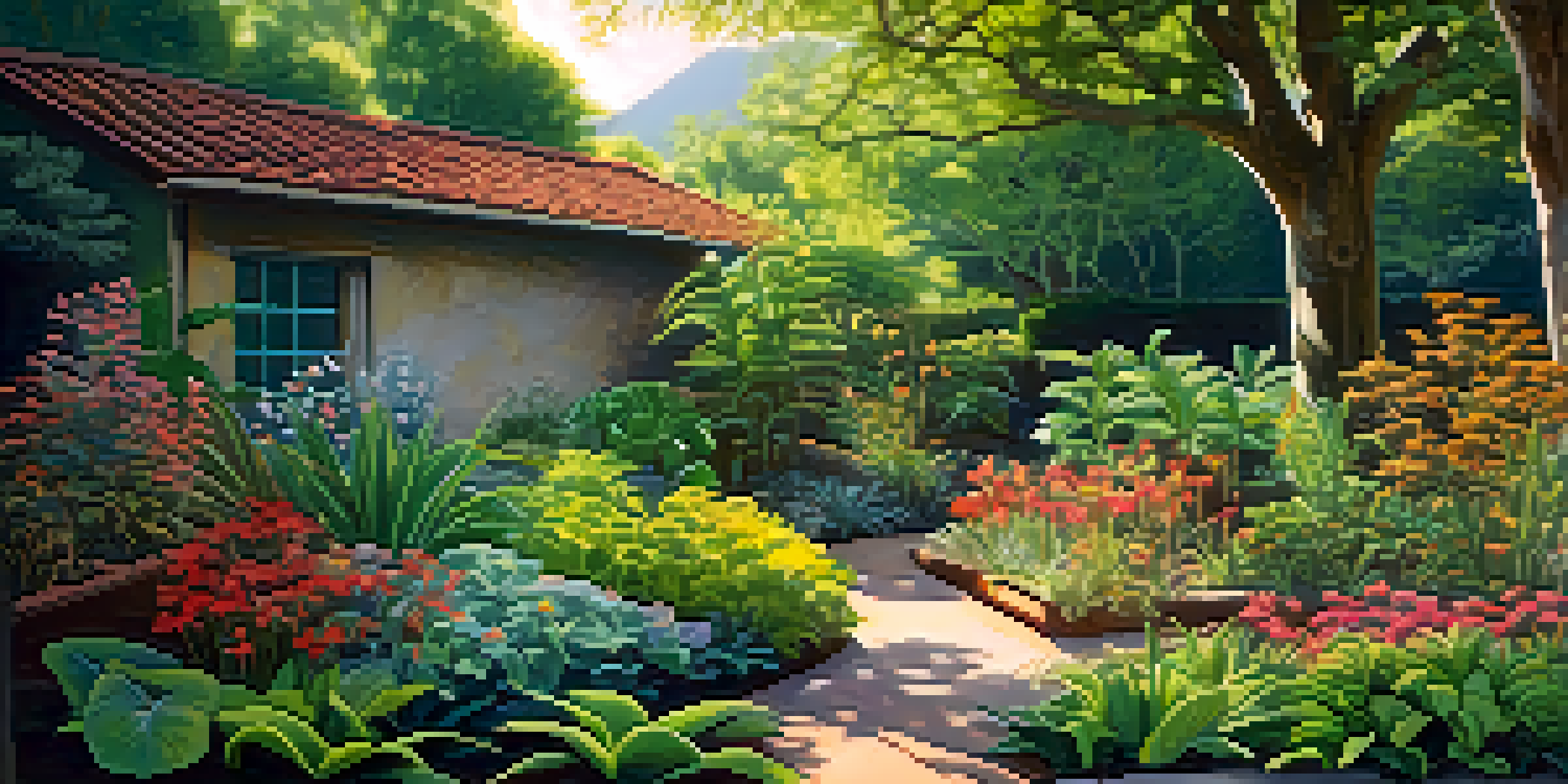A tranquil garden filled with colorful entheogenic plants at various growth stages, illuminated by sunlight filtering through the foliage.