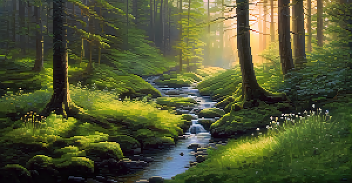 A tranquil forest with golden light shining through trees, a stream flowing in front, and wildflowers on the ground.