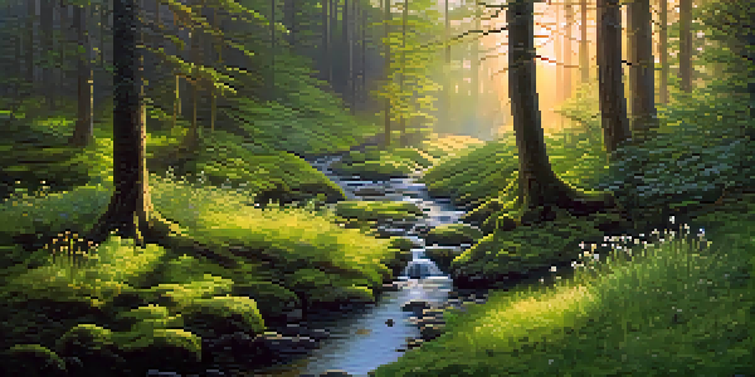 A tranquil forest with golden light shining through trees, a stream flowing in front, and wildflowers on the ground.