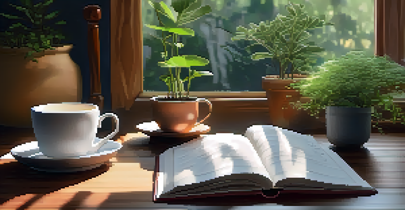 A warm indoor space with cushions, plants, a journal, and a cup of tea, promoting mindfulness.