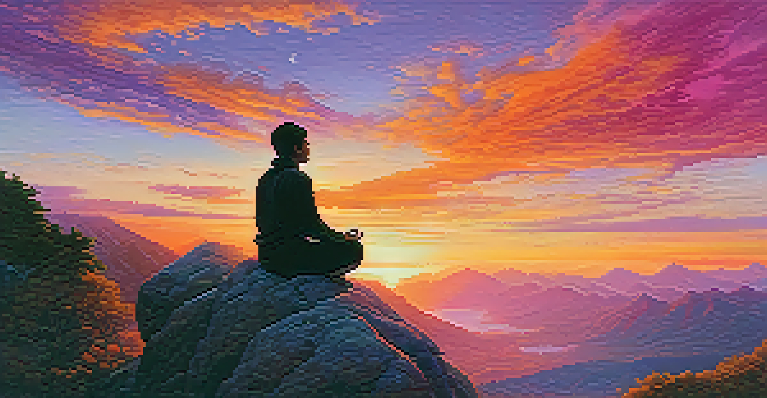 A silhouette of a person meditating on a mountain peak during a colorful sunset, overlooking a vast landscape.