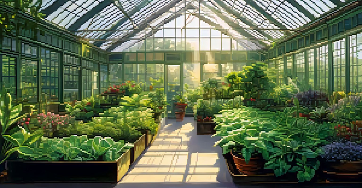 Serene greenhouse filled with diverse entheogenic plants thriving under sunlight, showcasing a nurturing environment.