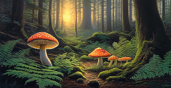 A tranquil forest with a circle of colorful mushrooms illuminated by golden light amidst lush greenery.