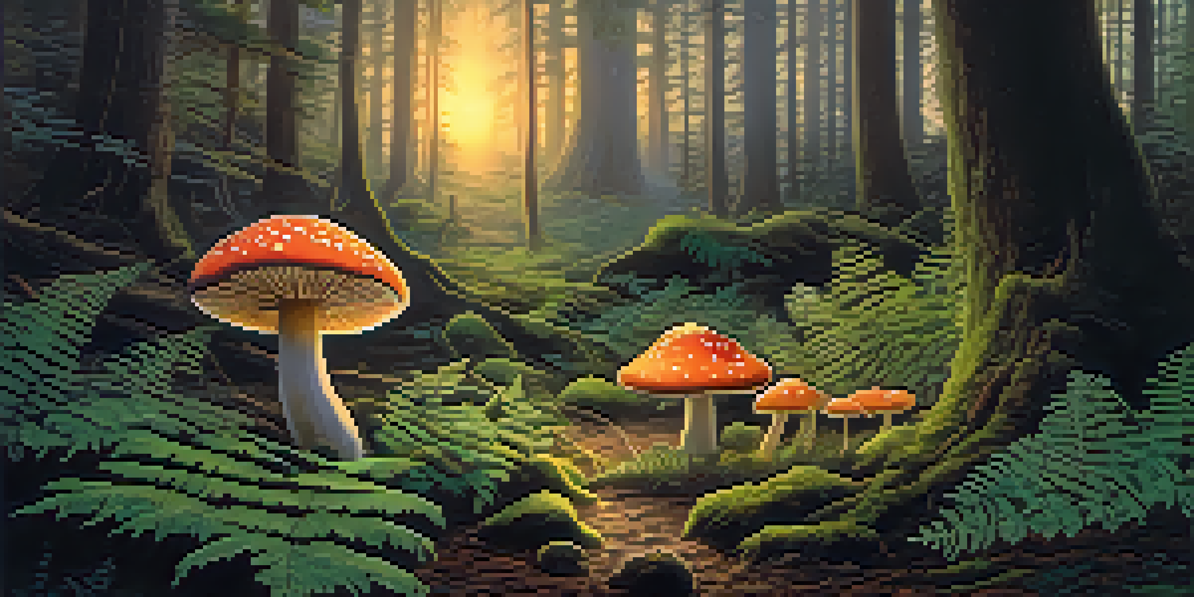 A tranquil forest with a circle of colorful mushrooms illuminated by golden light amidst lush greenery.