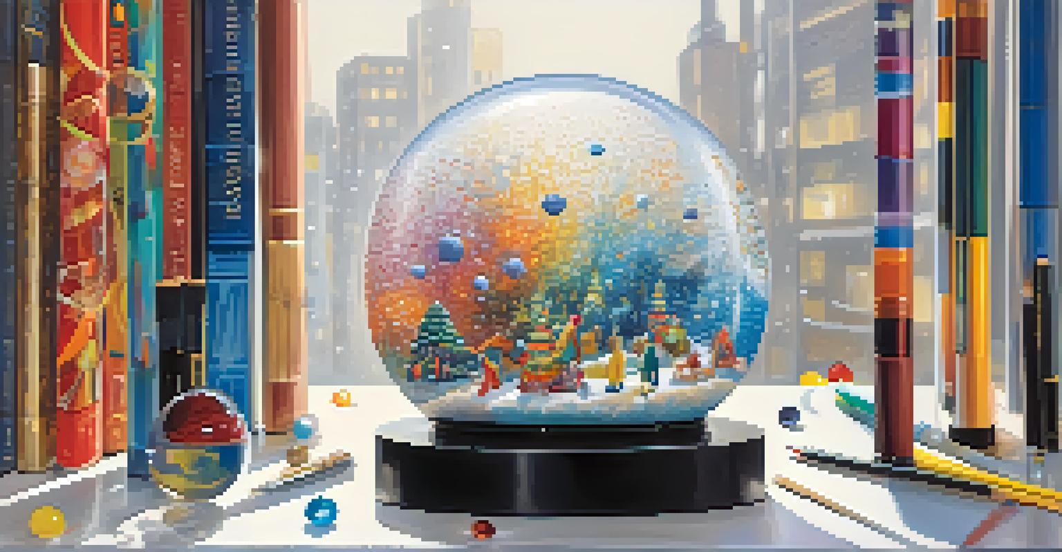 An abstract snow globe filled with vibrant colors and tiny figures engaged in creative activities, representing the essence of innovative thinking.