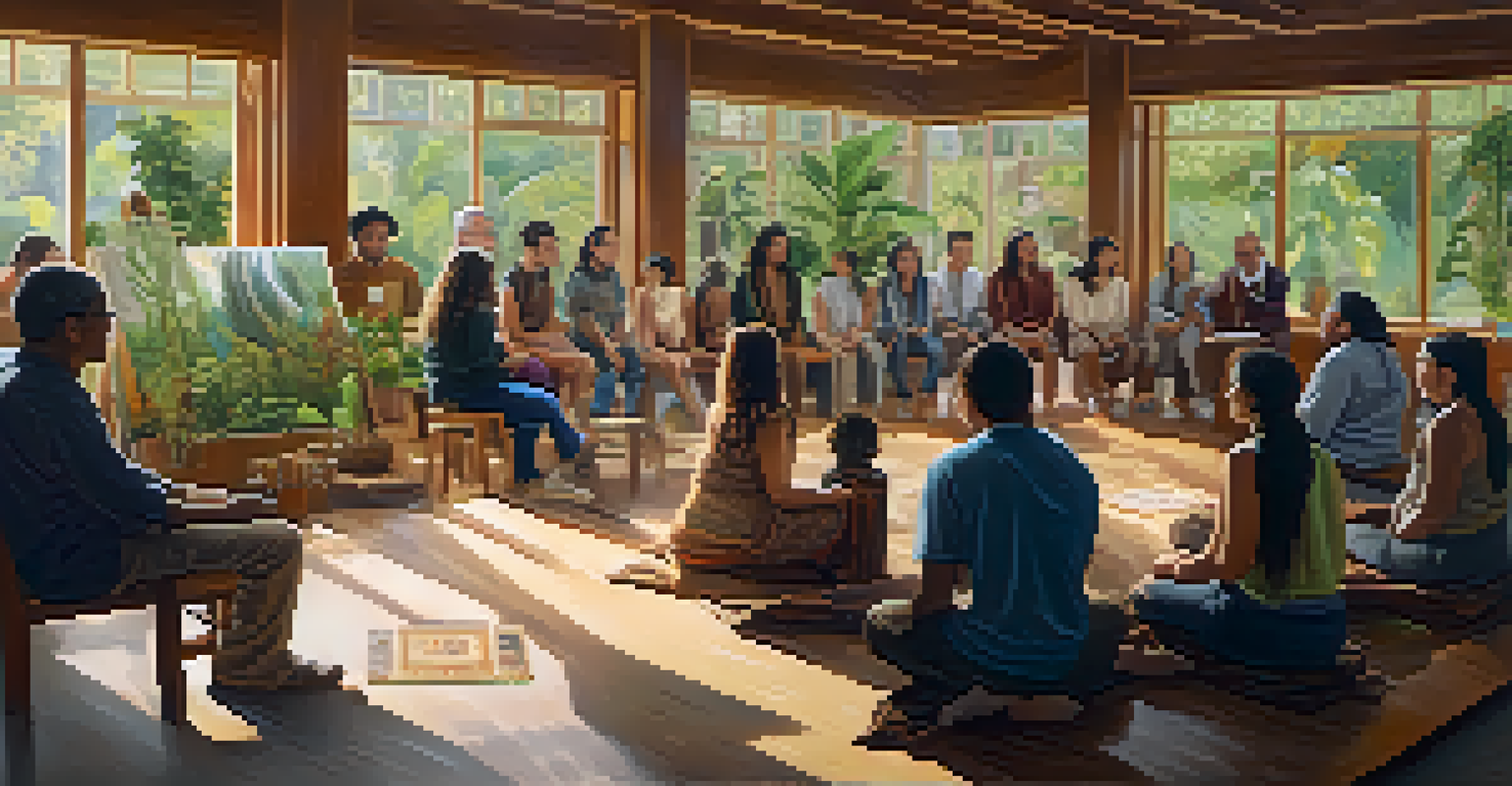 A workshop on entheogens with a diverse group of attendees learning from a speaker in a well-lit room filled with traditional artifacts.