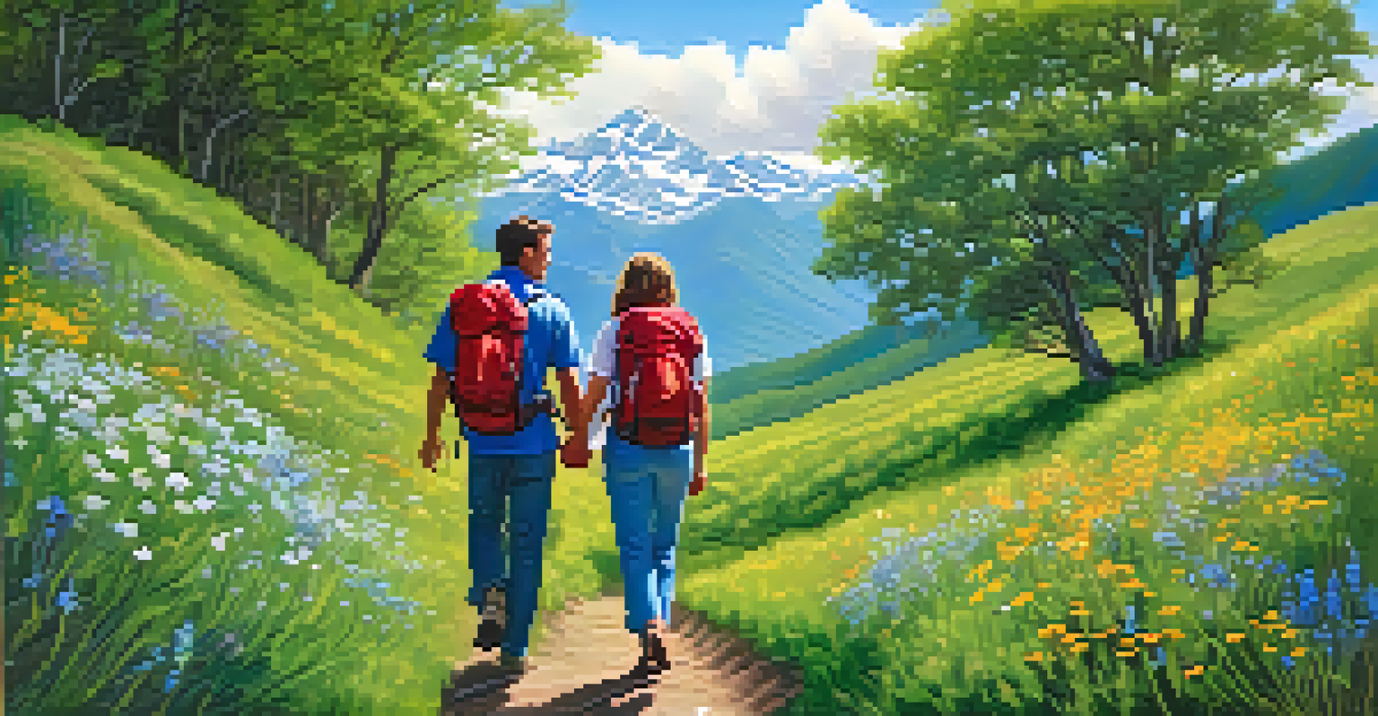 A couple hiking happily on a green mountain trail, holding hands and smiling, surrounded by bright blue skies and colorful wildflowers.