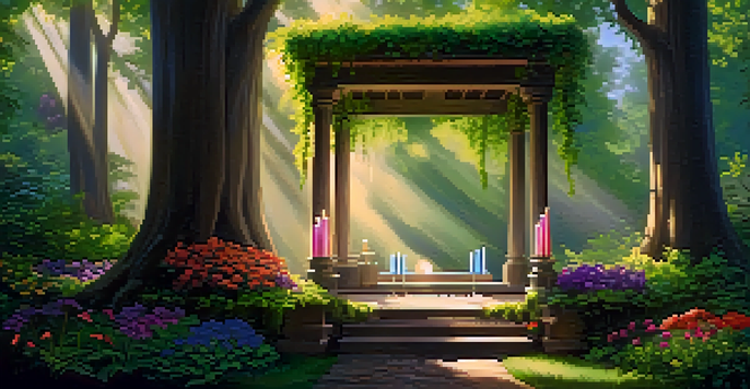 A peaceful forest scene with sunlight shining through trees, a wooden altar decorated with flowers and candles in the foreground.