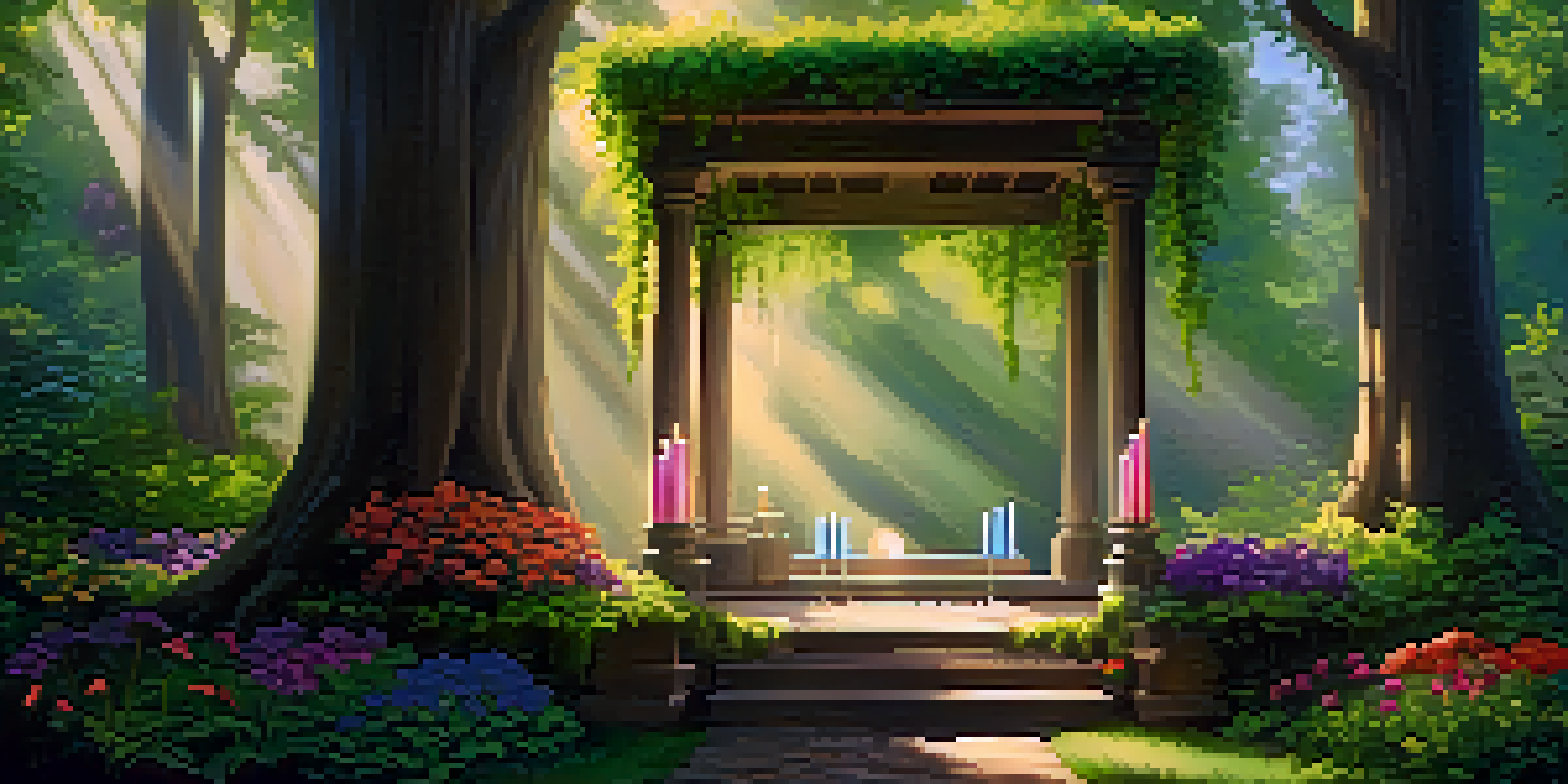 A peaceful forest scene with sunlight shining through trees, a wooden altar decorated with flowers and candles in the foreground.