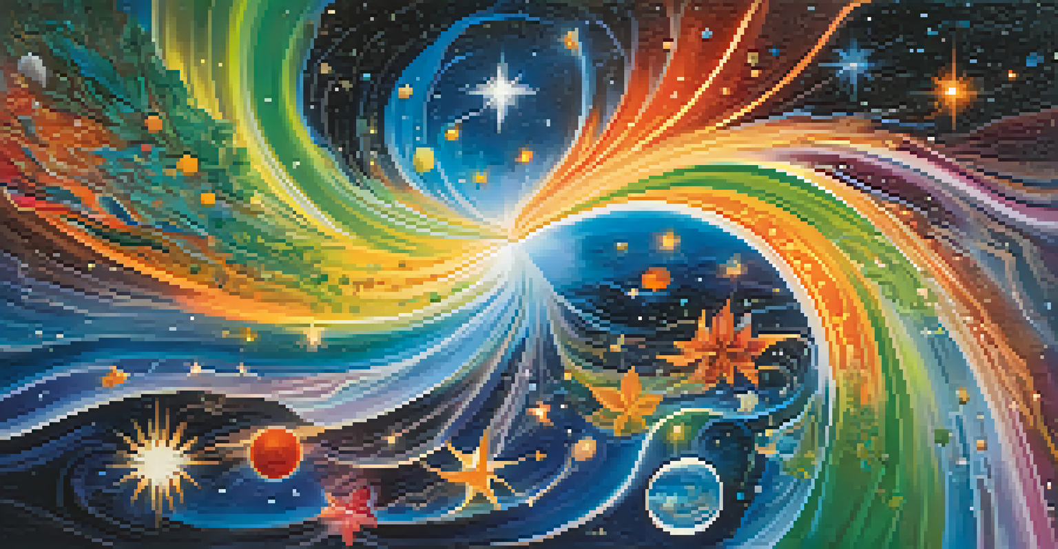 An abstract representation of interconnectedness with swirling colors, leaves, stars, and flowing water, symbolizing nature and the cosmos.