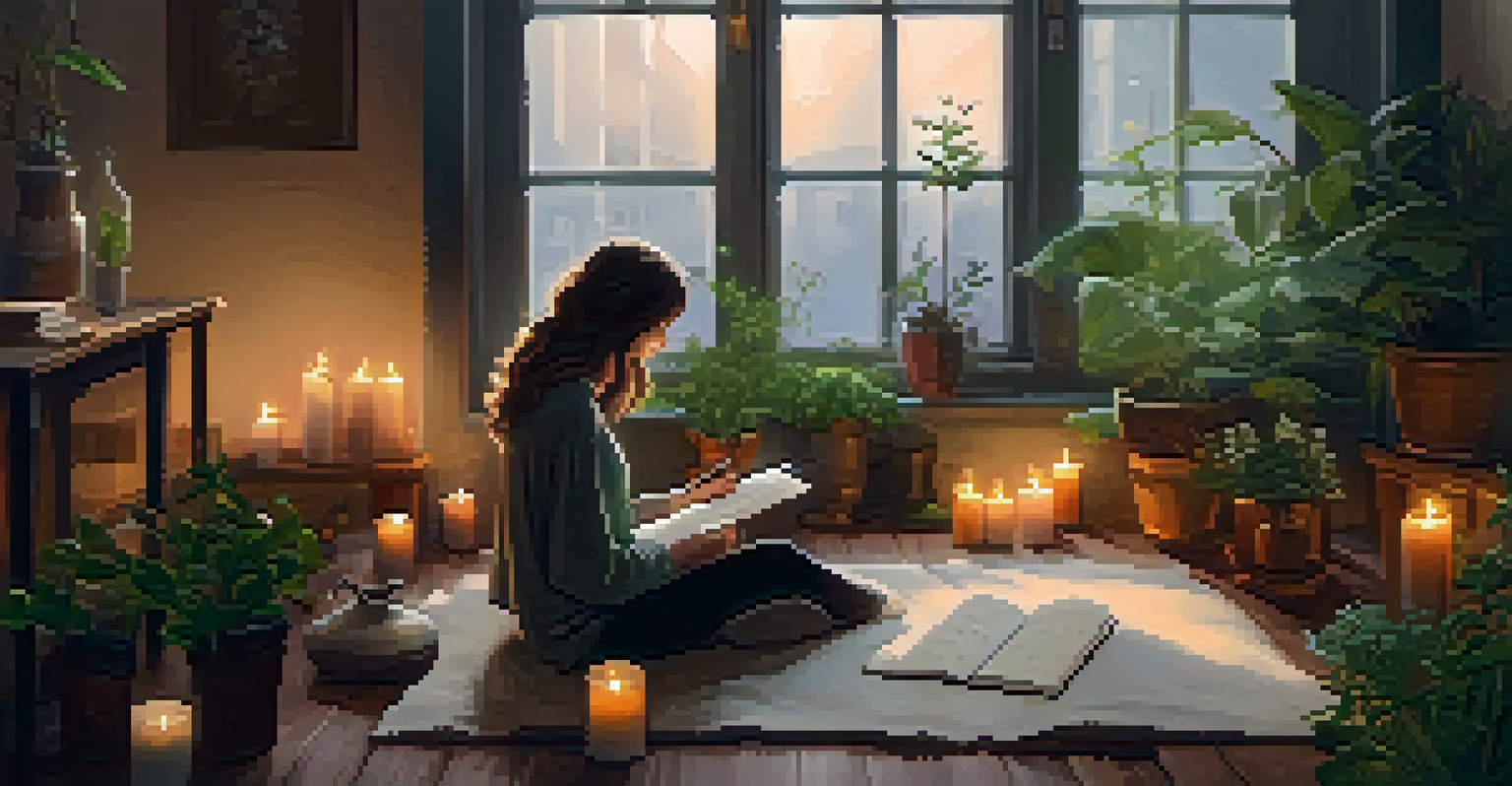 A cozy indoor setting with a person journaling on a rug surrounded by candles and plants, creating a warm and peaceful atmosphere.