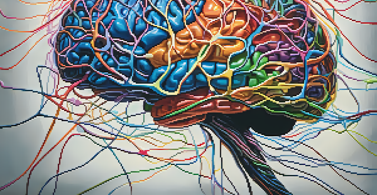 An abstract representation of a brain with colorful neural pathways illuminated against a dark background.