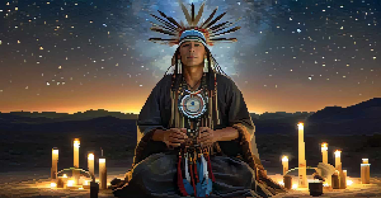 A Native American shaman performing a ritual at night, surrounded by candles and sacred symbols under a starry sky.