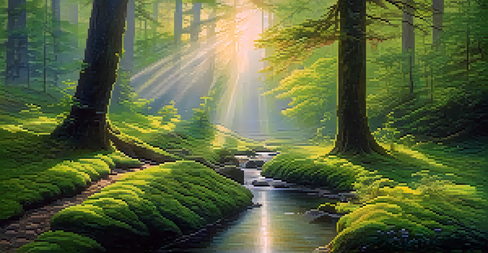 A peaceful forest pathway at dawn with mist and sunlight filtering through the trees, alongside a gently flowing stream.