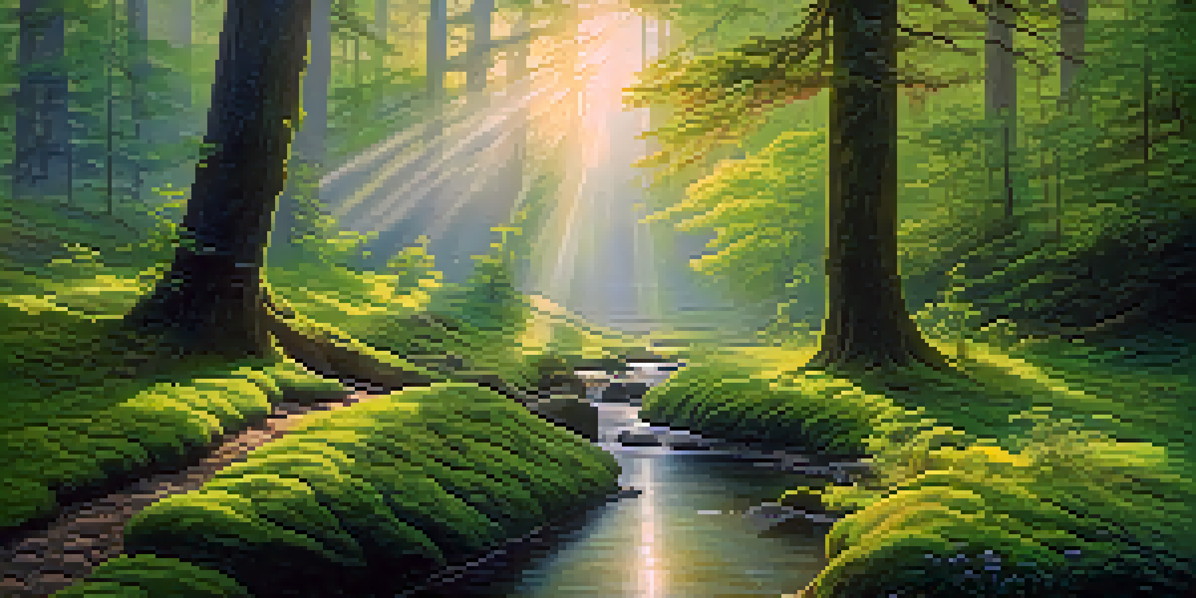 A peaceful forest pathway at dawn with mist and sunlight filtering through the trees, alongside a gently flowing stream.