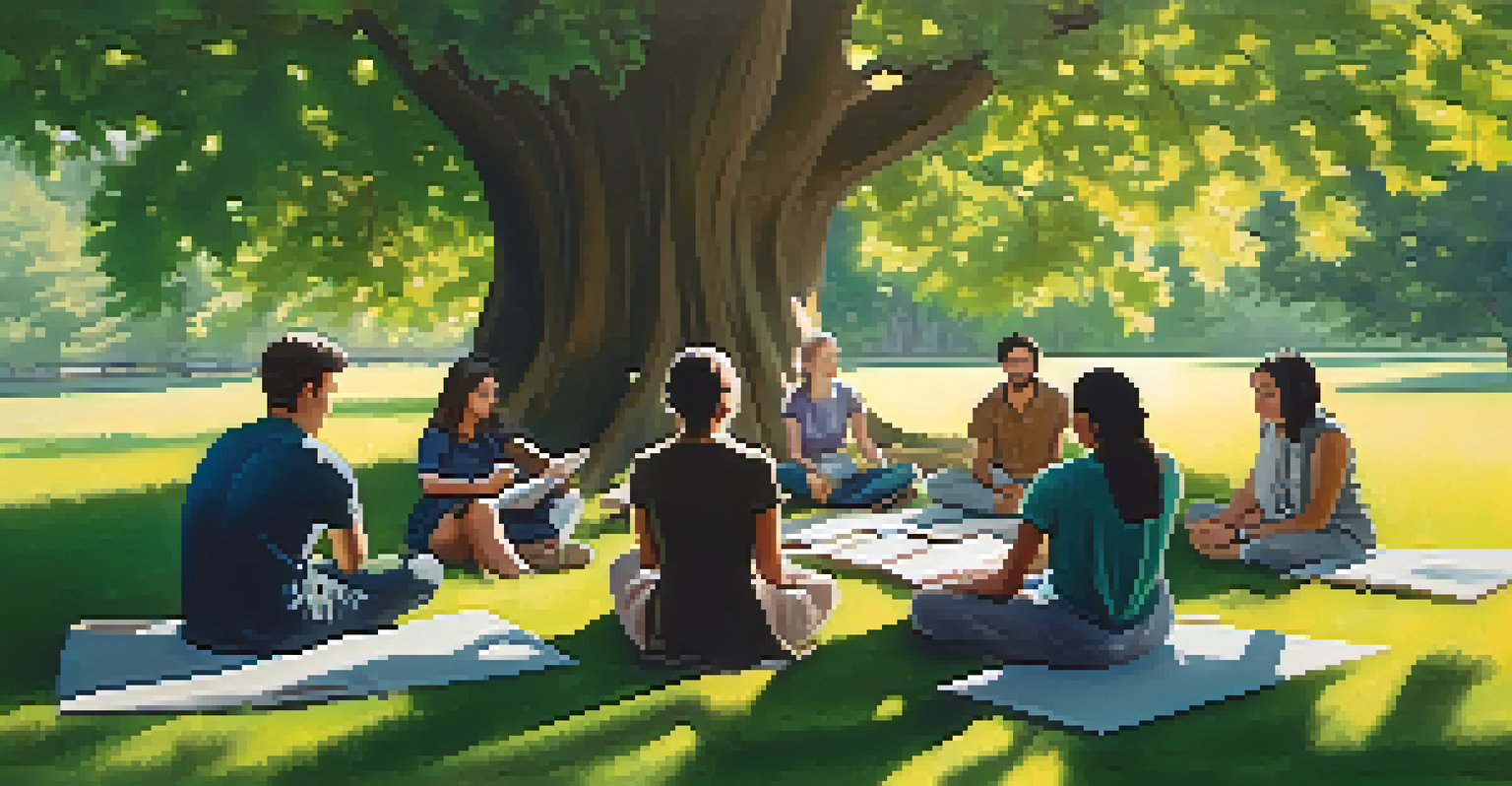 Participants sitting in a circle under a tree in an outdoor integration therapy session, reflecting and writing.