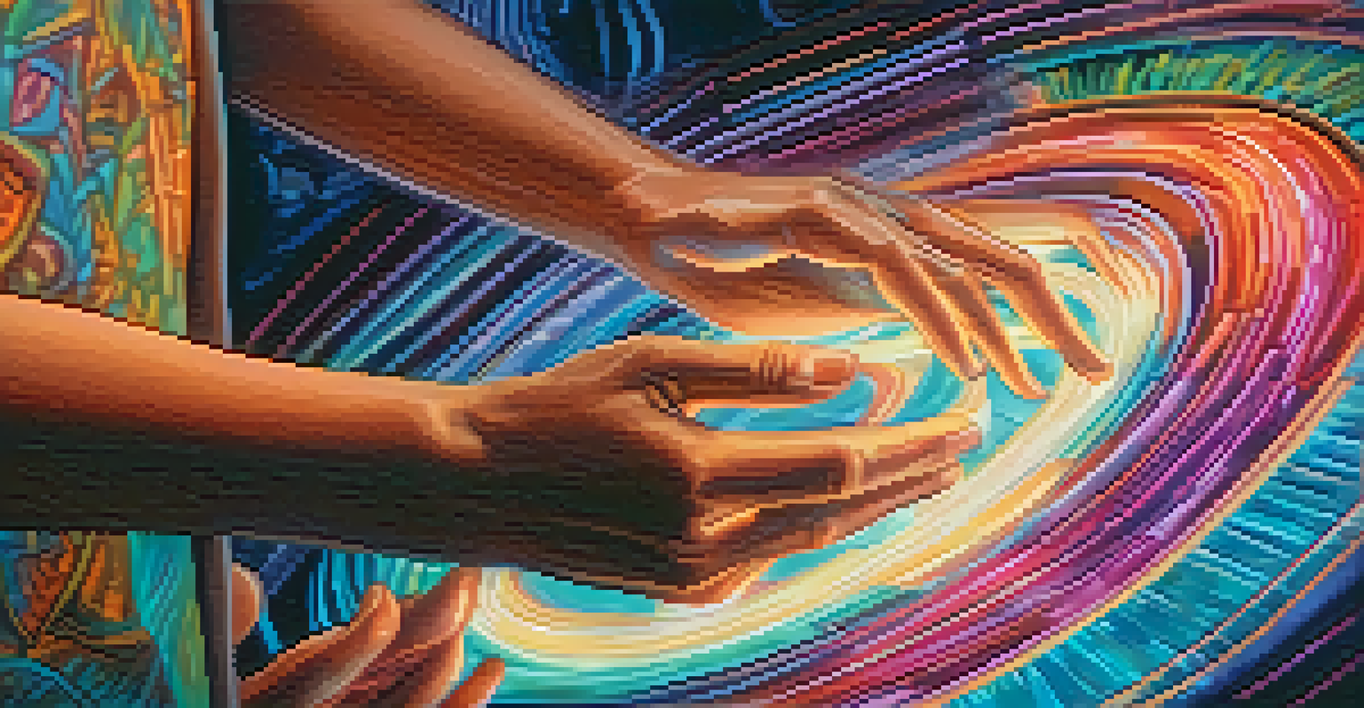 A therapist's hands guiding a patient during a psychedelic therapy session with calming visuals in the background.