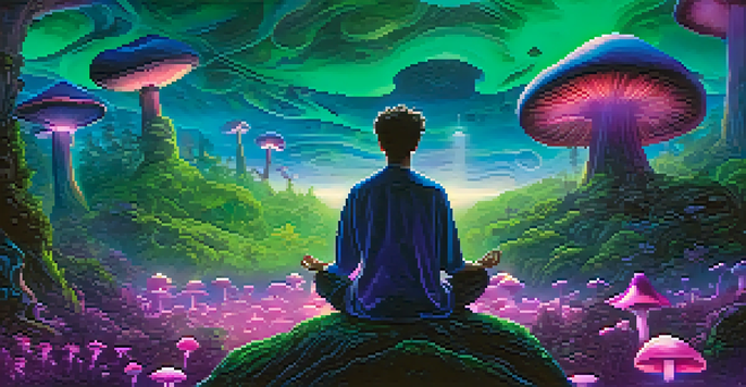 A character meditating in a colorful, surreal landscape with glowing mushrooms and a vibrant swirling sky.
